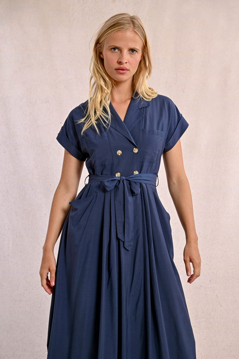 Trench Midi Shirt Dress in Navy Blue