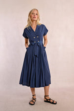 Load image into Gallery viewer, Trench Midi Shirt Dress in Navy Blue
