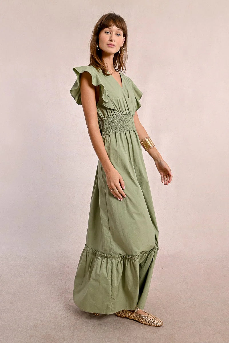 Ruffle V Neck Maxi Dress in Light Khaki
