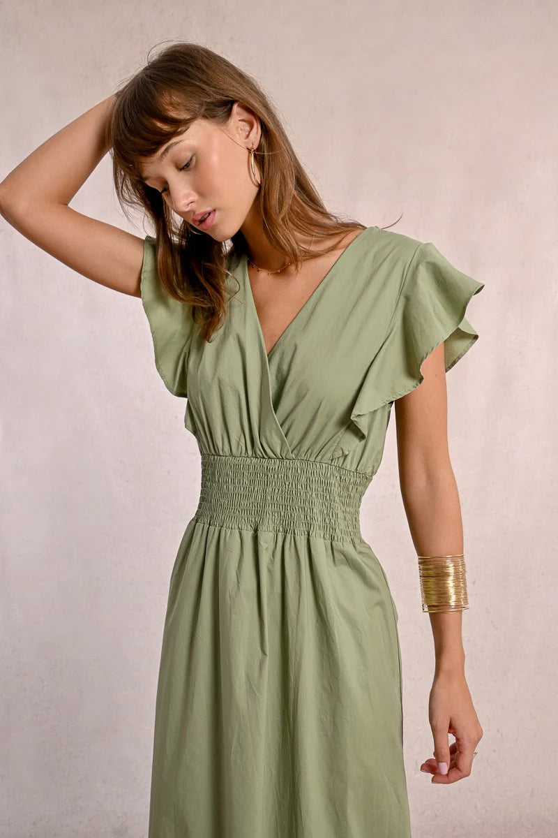 Ruffle V Neck Maxi Dress in Light Khaki