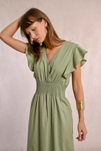 Ruffle V Neck Maxi Dress in Light Khaki