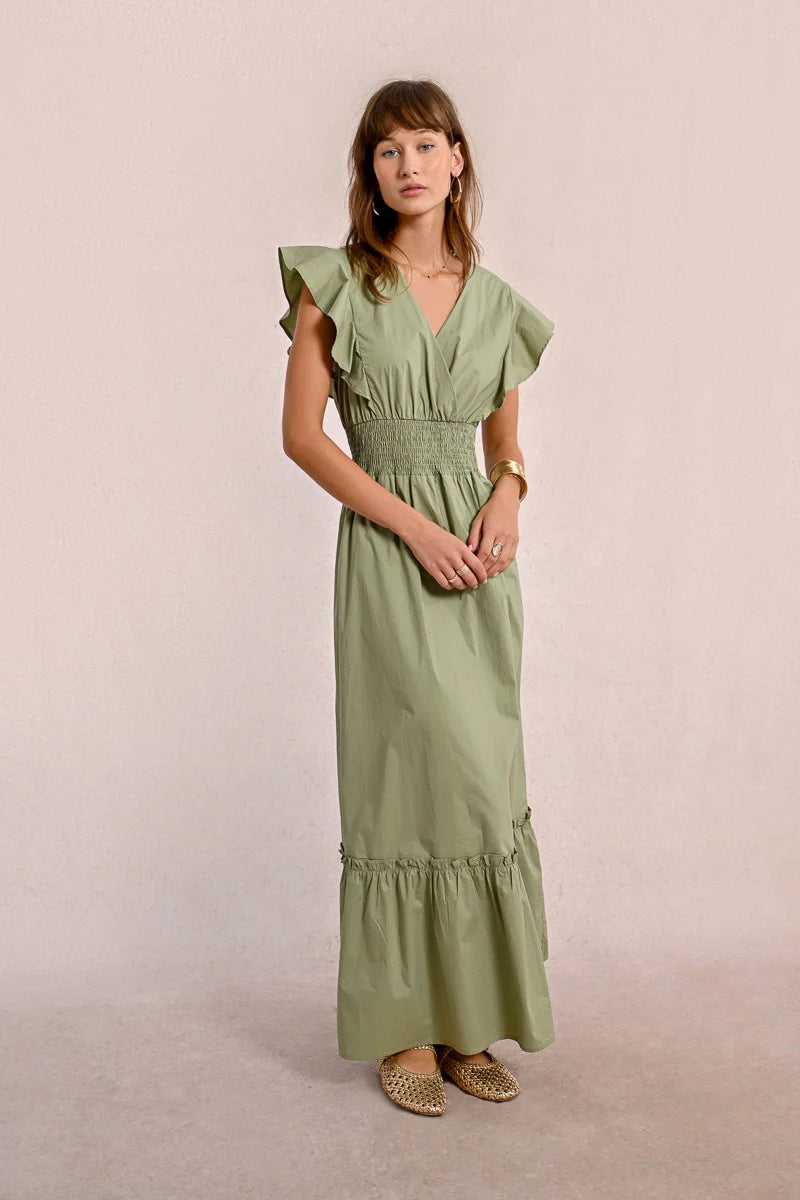 Ruffle V Neck Maxi Dress in Light Khaki