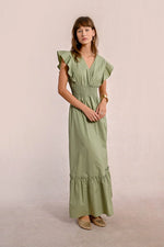 Load image into Gallery viewer, Ruffle V Neck Maxi Dress in Light Khaki
