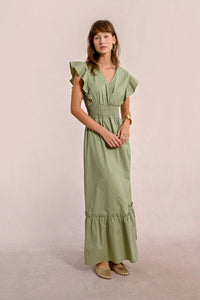 Ruffle V Neck Maxi Dress in Light Khaki