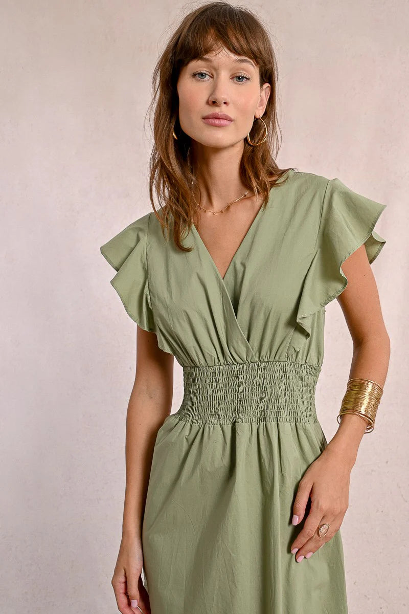 Ruffle V Neck Maxi Dress in Light Khaki