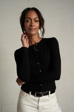 Load image into Gallery viewer, Maureen Lux Rib Crew Neck Cardigan in True Black
