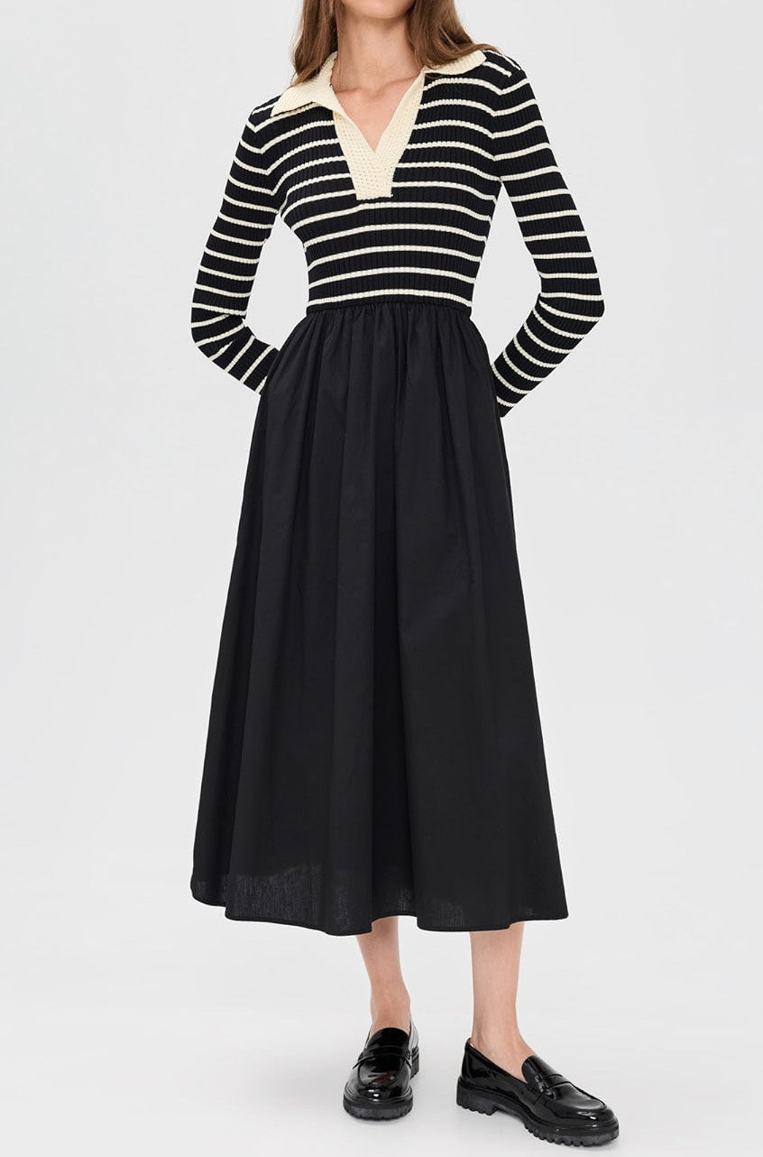 Striped Mixed Media Midi Dress in Black/Cream