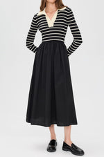 Load image into Gallery viewer, Striped Mixed Media Midi Dress in Black/Cream
