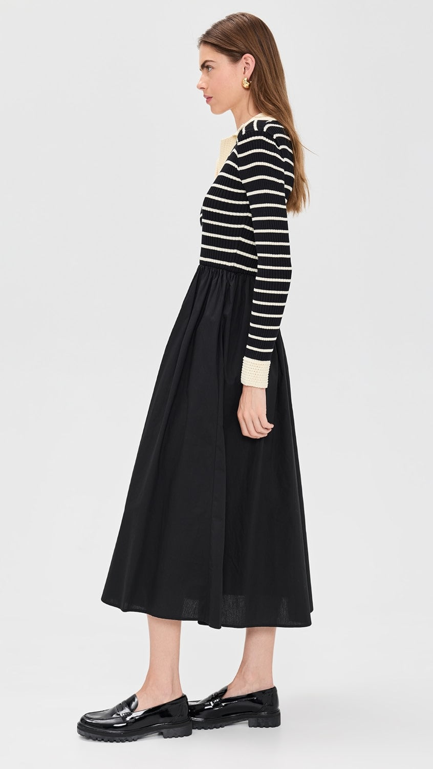 Striped Mixed Media Midi Dress in Black/Cream