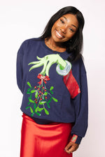 Load image into Gallery viewer, Grinch Mistletoe Hand Sweatshirt in Navy
