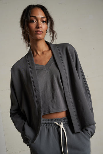 Olivia Fleece Open Cardigan in Charcoal