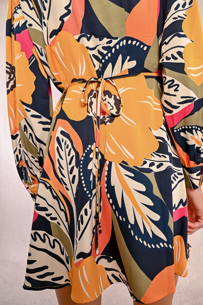 Tropical Floral Mini Wrap Dress in Mango Yellow Jane