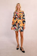 Load image into Gallery viewer, Tropical Floral Mini Wrap Dress in Mango Yellow Jane
