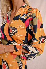 Load image into Gallery viewer, Tropical Floral Mini Wrap Dress in Mango Yellow Jane
