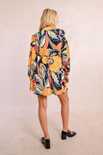 Load image into Gallery viewer, Tropical Floral Mini Wrap Dress in Mango Yellow Jane
