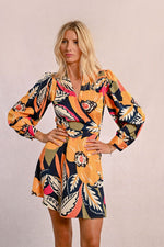 Load image into Gallery viewer, Tropical Floral Mini Wrap Dress in Mango Yellow Jane
