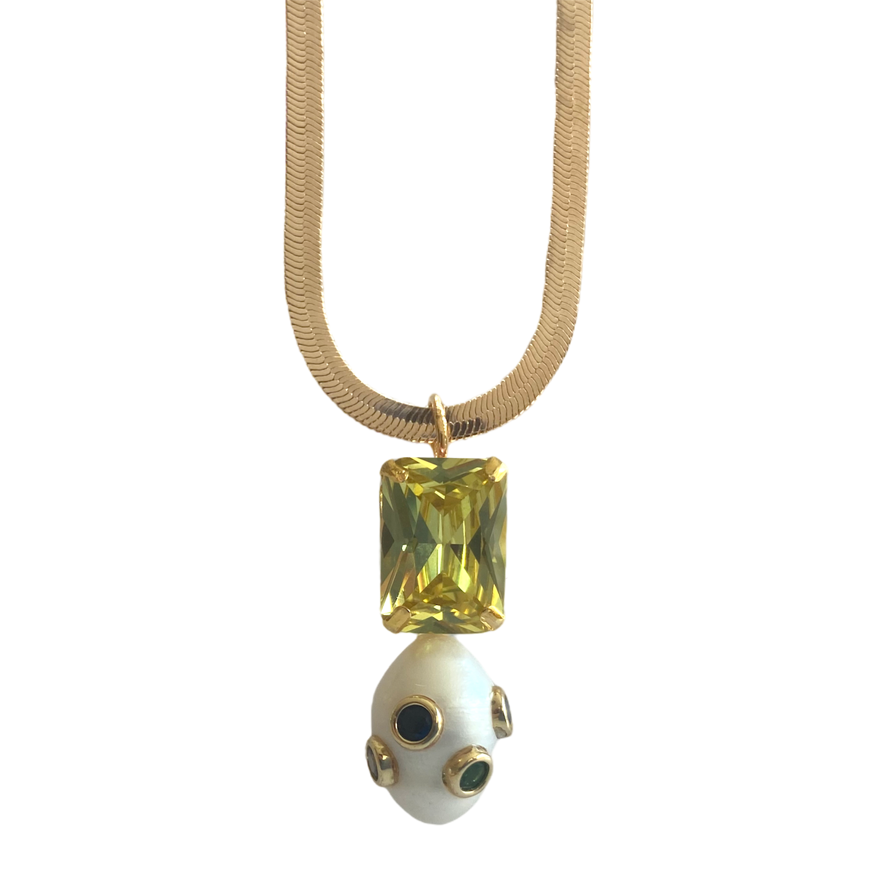 Octagon Pearl Herringbone Chain Necklace in Peridot