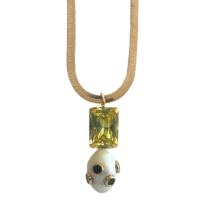 Octagon Pearl Herringbone Chain Necklace in Peridot