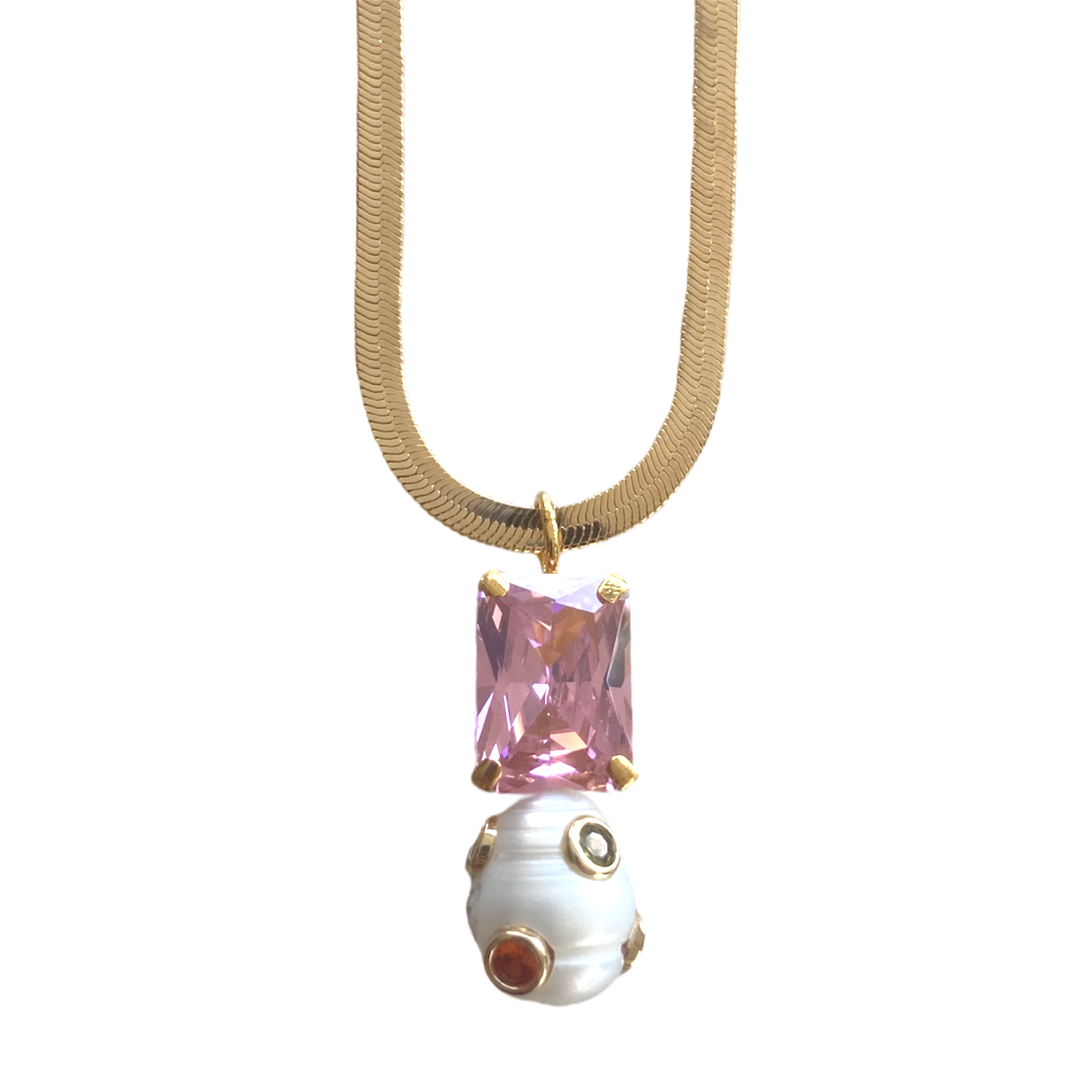 Octagon Pearl Herringbone Chain Necklace in Pink