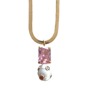 Octagon Pearl Herringbone Chain Necklace in Pink