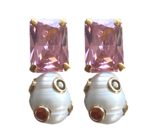 Octagon Pearl Stud in Pink