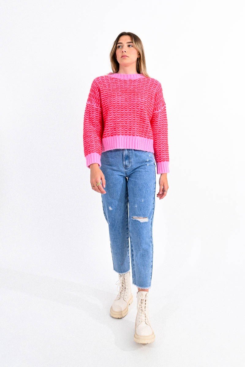 Cropped Patterned Knit Sweater in Fuchsia