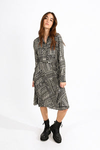 Pleated Shirt Dress in Black Multi