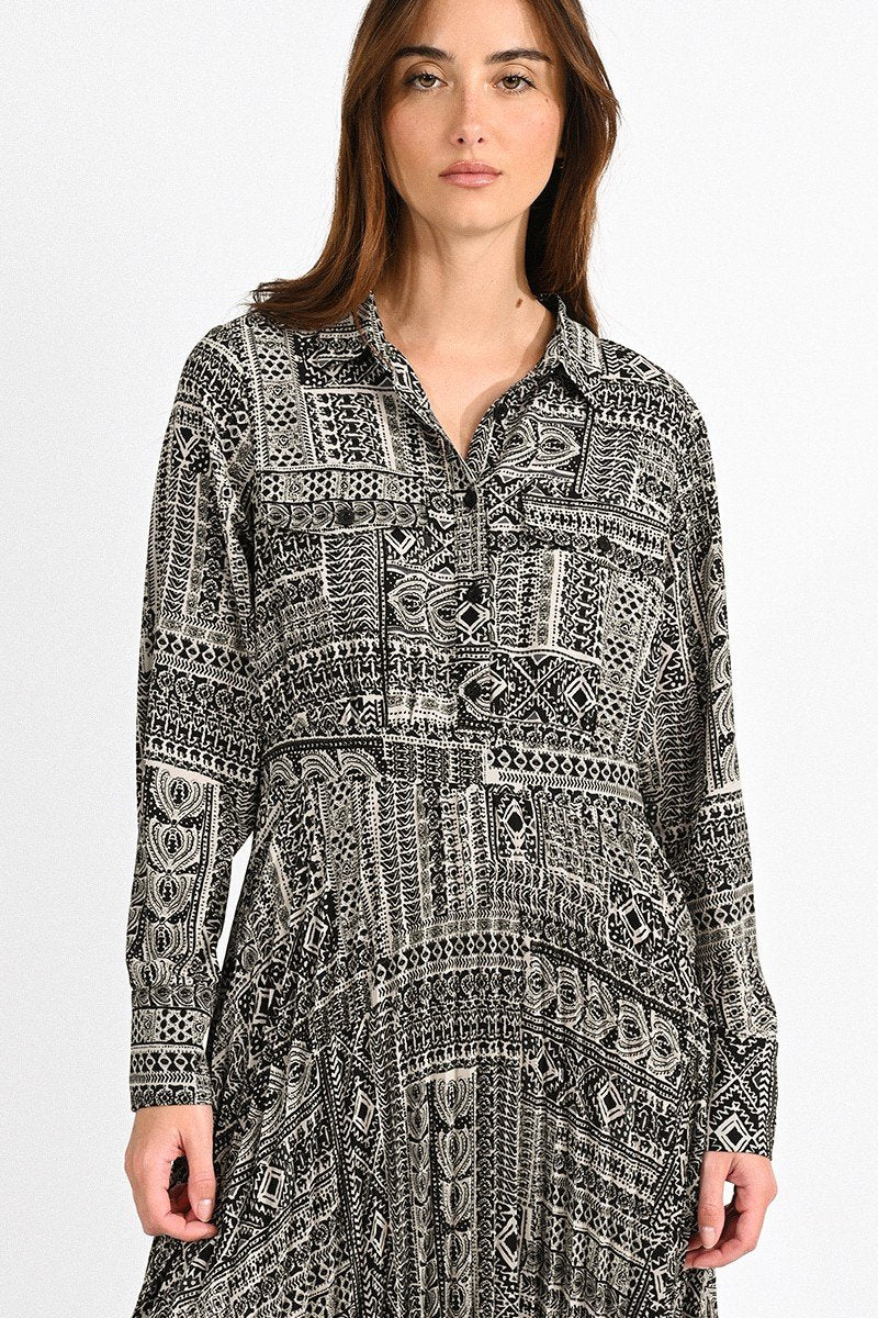 Pleated Shirt Dress in Black Multi