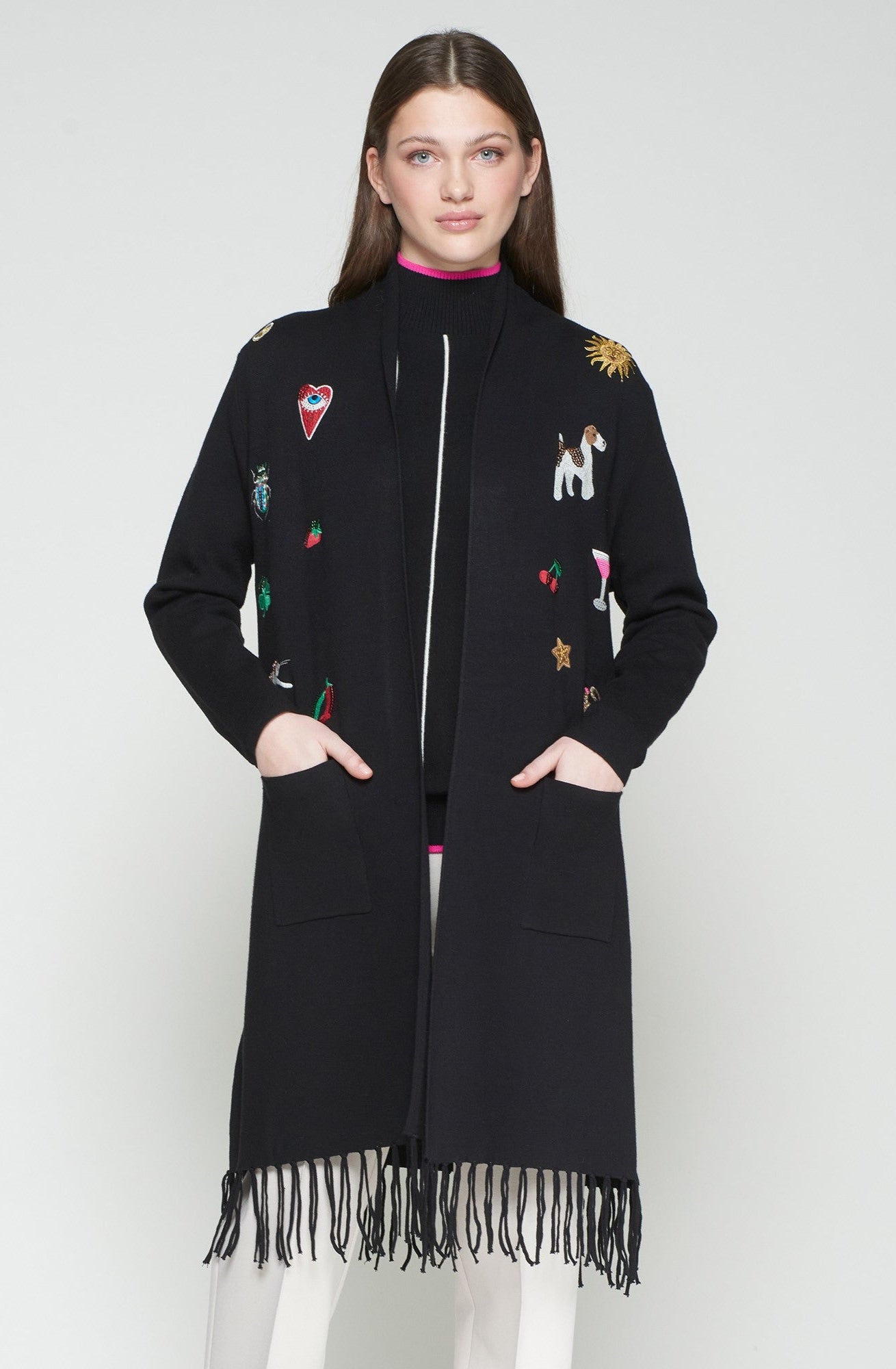Embroidered Cardigan with Fringe in Black