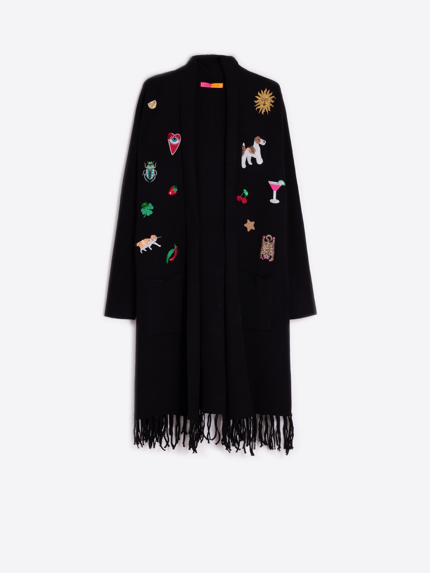 Embroidered Cardigan with Fringe in Black