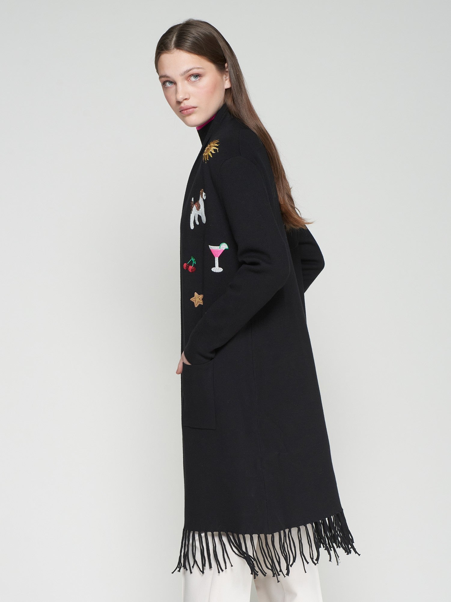 Embroidered Cardigan with Fringe in Black