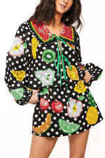 Load image into Gallery viewer, Polka Dot Tie Up Fruit Top in Black &amp; White
