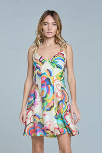 Abstract Floral Print Mini Dress in Cream Multi