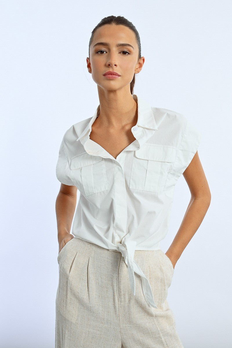 Cap Sleeve Tie Blouse in White