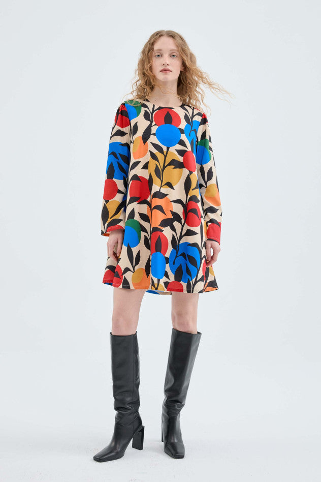 Long Sleeve A-Line Dress in Leaf Print