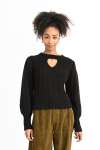 Cable Knit Jumper with Keyhole in Black