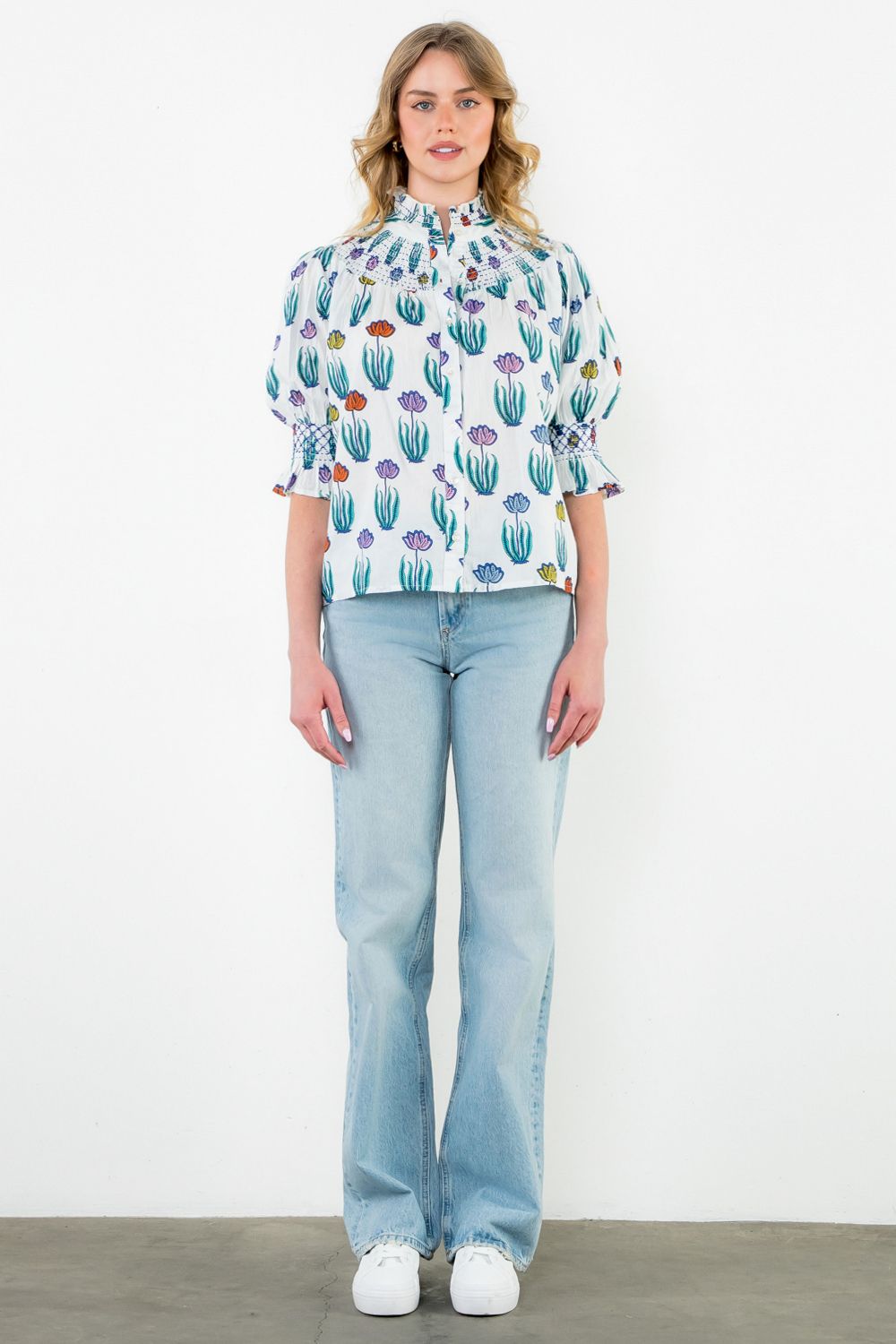 Smocked Neck Puff Sleeve Floral Top in White