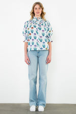 Load image into Gallery viewer, Smocked Neck Puff Sleeve Floral Top in White
