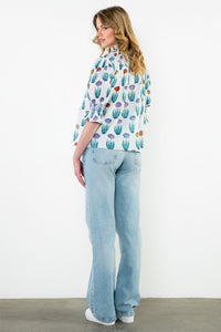 Smocked Neck Puff Sleeve Floral Top in White