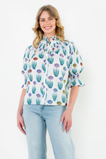 Load image into Gallery viewer, Smocked Neck Puff Sleeve Floral Top in White
