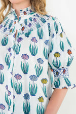 Load image into Gallery viewer, Smocked Neck Puff Sleeve Floral Top in White
