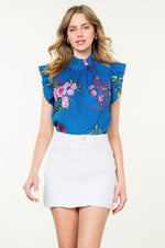 Load image into Gallery viewer, Ruffle Neck Floral Blouse in Blue
