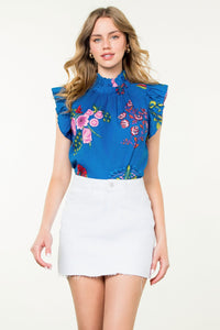Ruffle Neck Floral Blouse in Blue