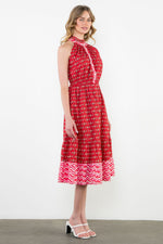 Load image into Gallery viewer, Halter Button Placket Midi Dress in Mixed Red Print

