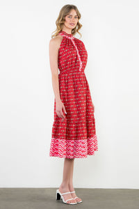 Halter Button Placket Midi Dress in Mixed Red Print