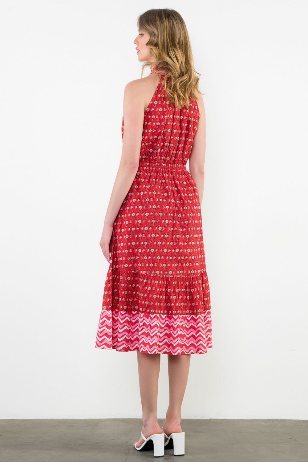 Halter Button Placket Midi Dress in Mixed Red Print