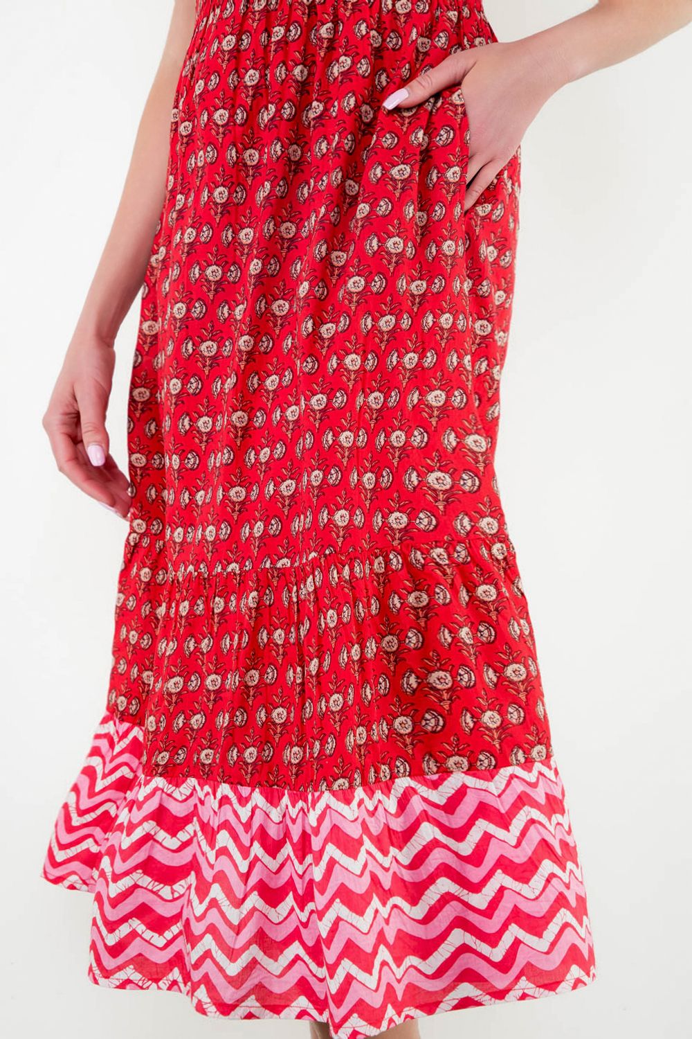 Halter Button Placket Midi Dress in Mixed Red Print