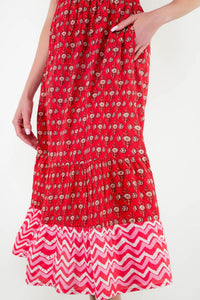 Halter Button Placket Midi Dress in Mixed Red Print