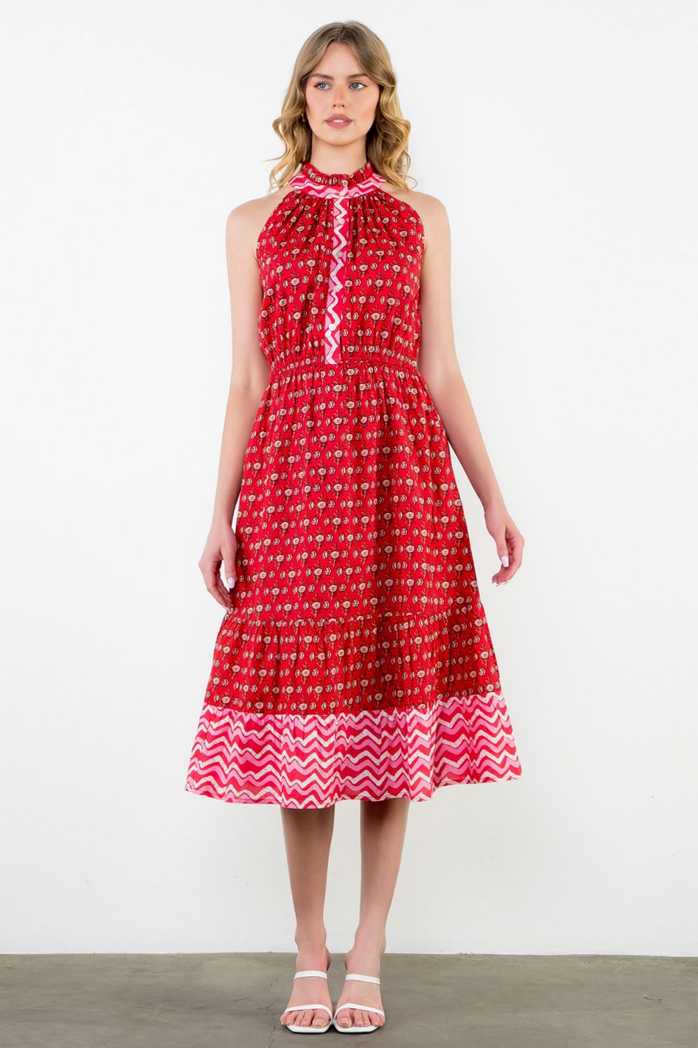 Halter Button Placket Midi Dress in Mixed Red Print