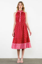 Load image into Gallery viewer, Halter Button Placket Midi Dress in Mixed Red Print
